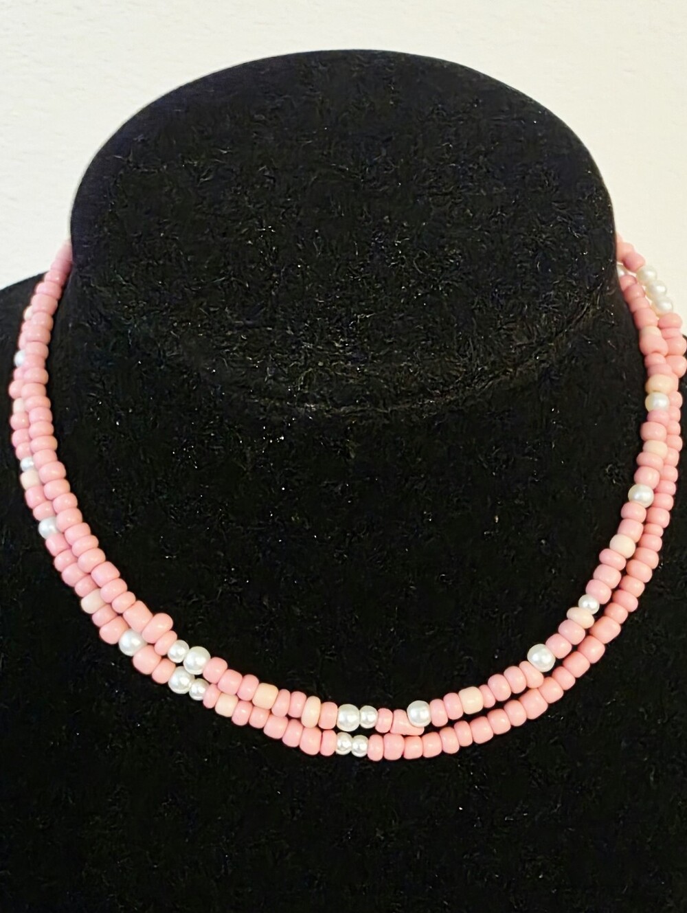 BYCHARI Vintage Round Flat Pink & Pearl like Beads Necklace Gold filled 30"+2"